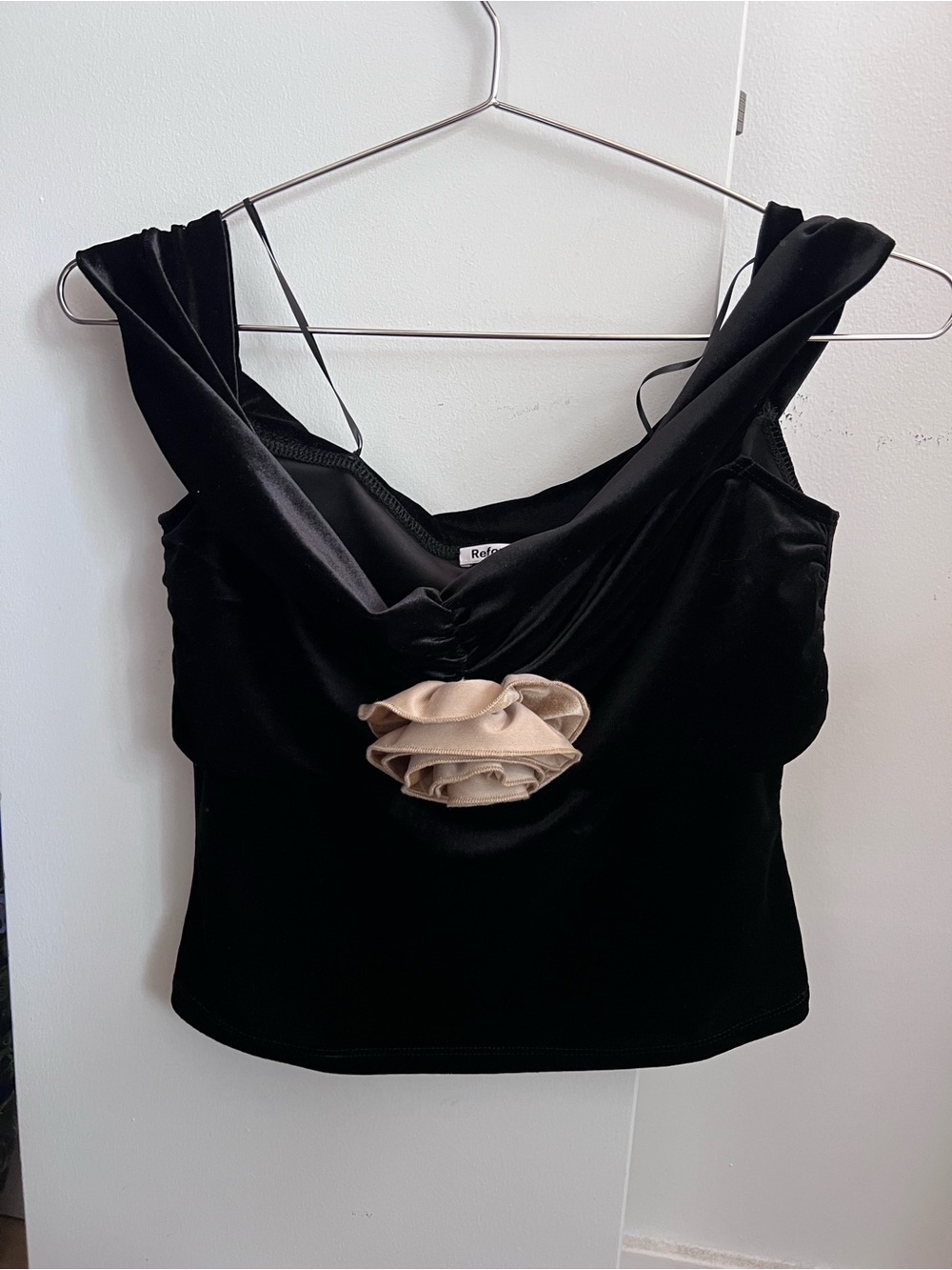 Reformation Black Velvet Camisole with Beige Rosette